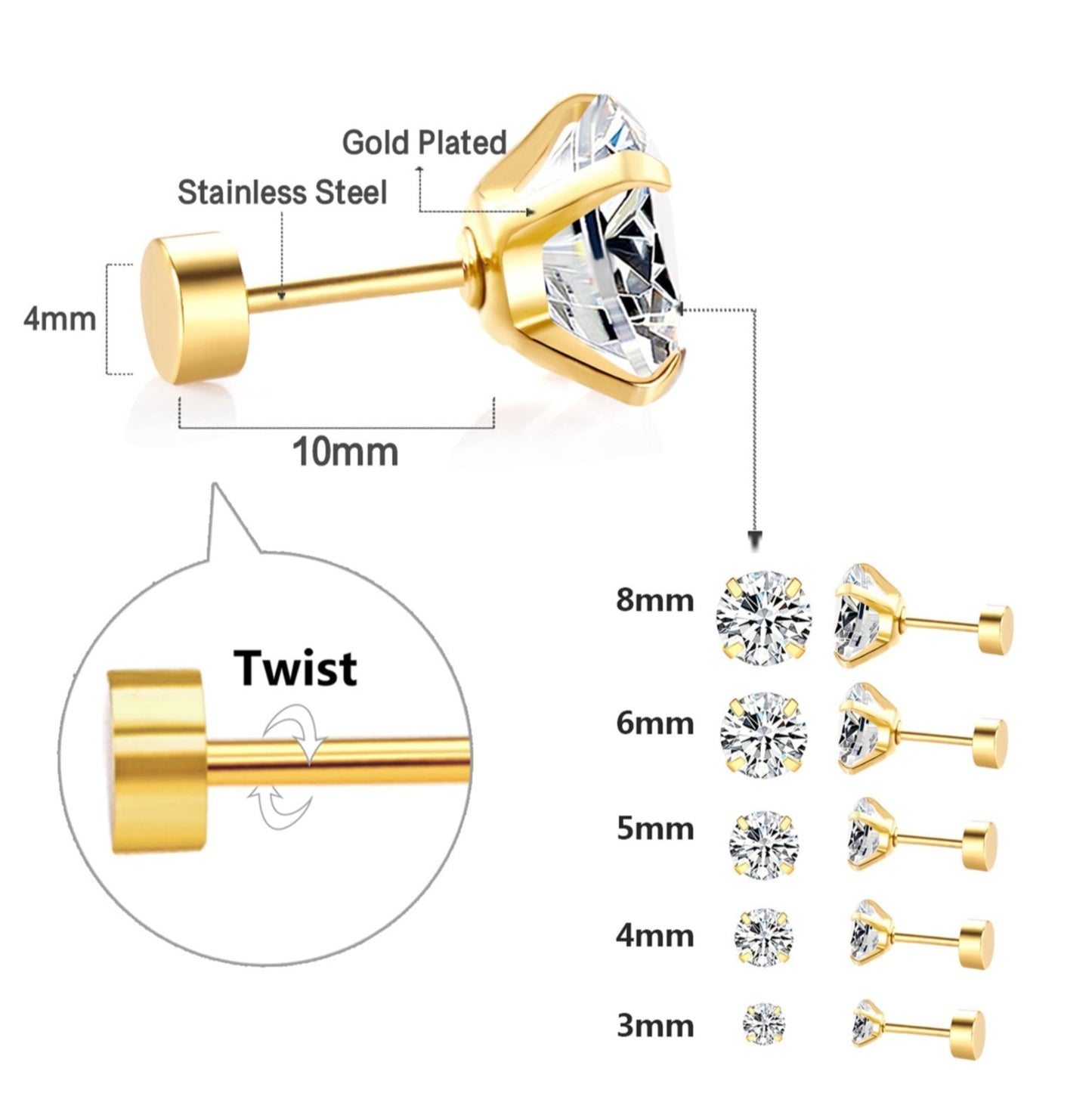 Stainless Steel Crystal Studs Earrings (Gold / Silver)