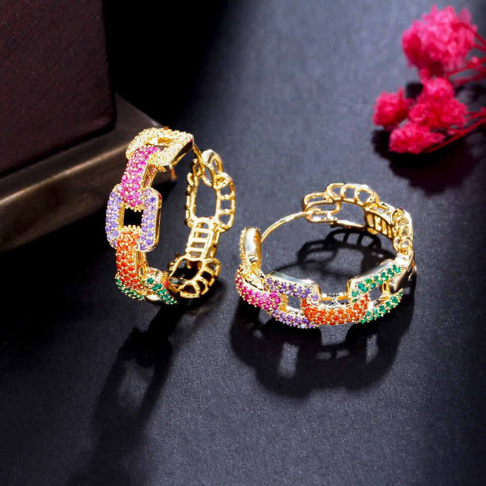 CZ Stones Chain Link Hoop Earrings