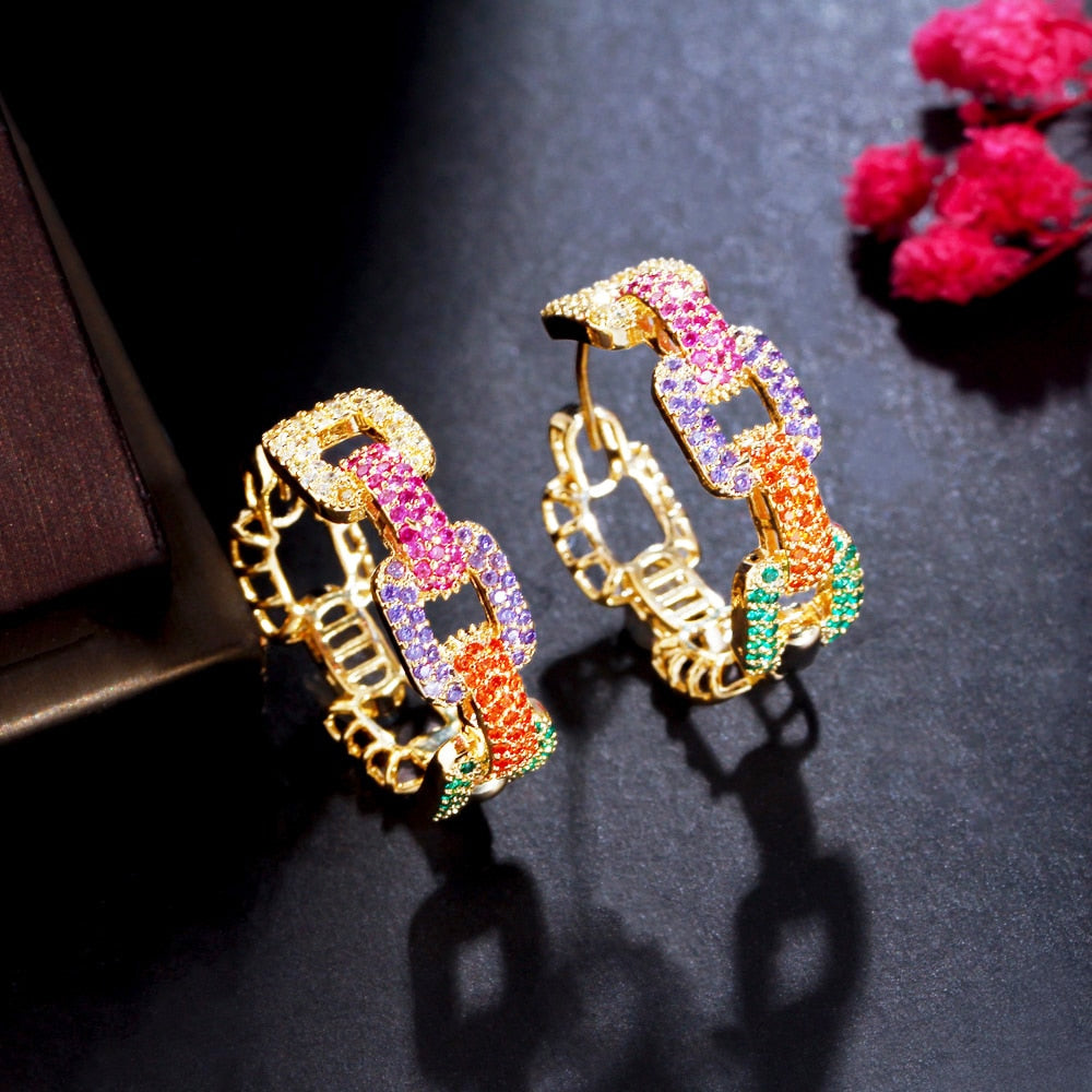 CZ Stones Chain Link Hoop Earrings