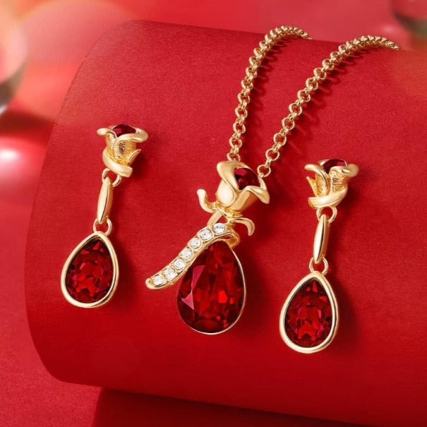 Rose Flower and Droplet Necklace & Earrings Set