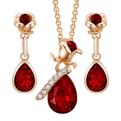 Rose Flower and Droplet Necklace & Earrings Set