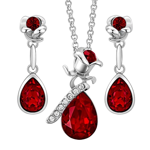 Rose Flower and Droplet Necklace & Earrings Set