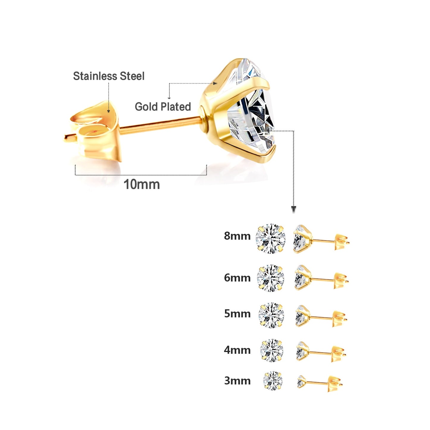 Stainless Steel Crystal Studs Earrings (Gold / Silver)