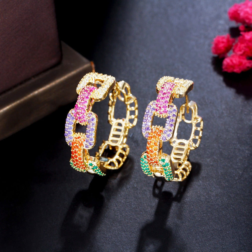 CZ Stones Chain Link Hoop Earrings
