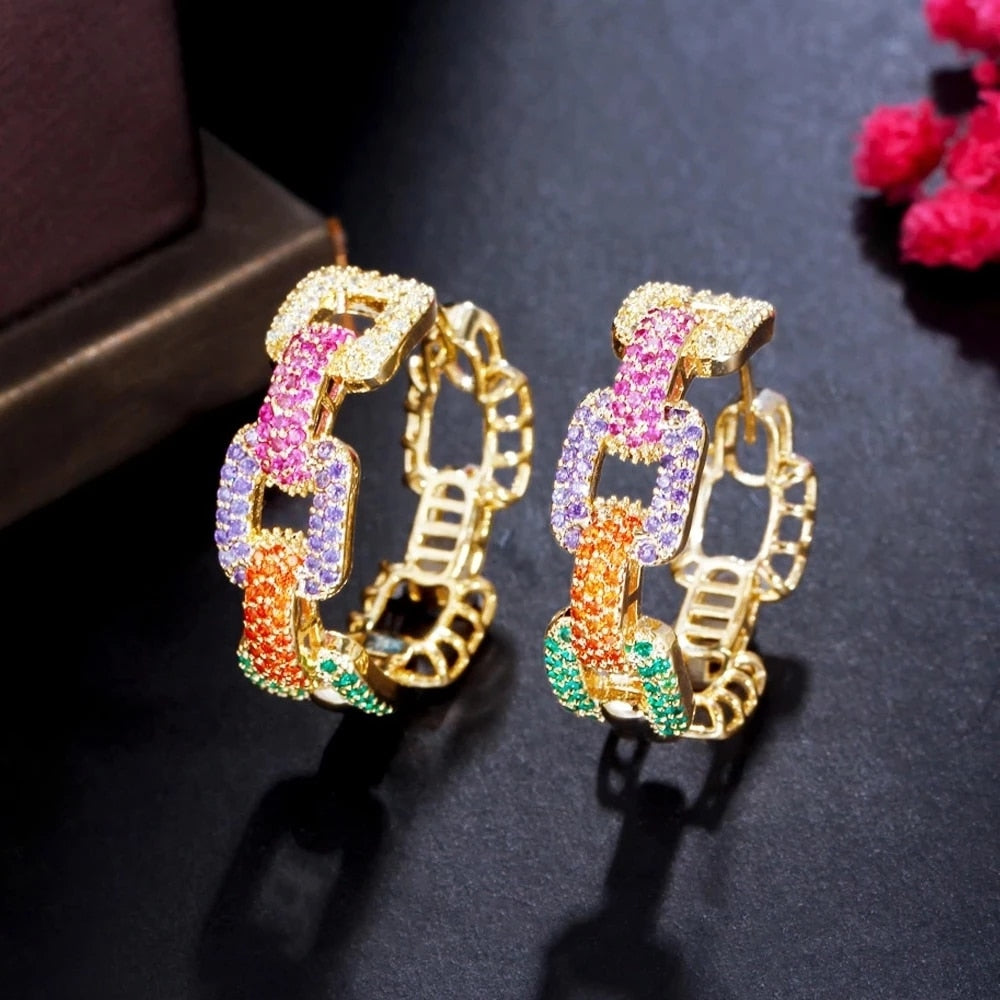CZ Stones Chain Link Hoop Earrings